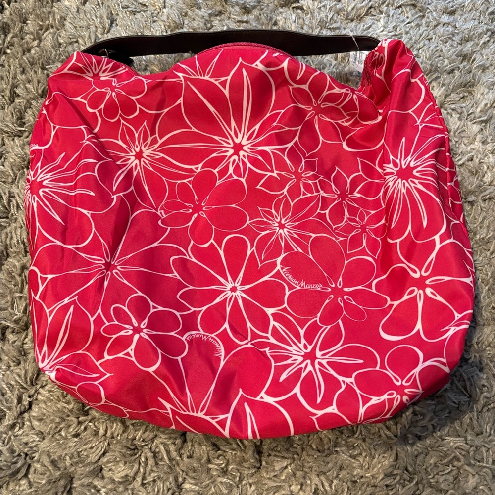 NWT! Neiman Marcus floral nylon tote with brown vegan leather strap - Picture 4 of 11